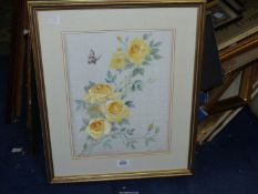A framed and mounted watercolour on fabric of yellow roses,