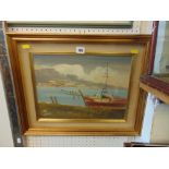 A gilt framed oil, Fishing boat scene,