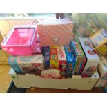 A qty of Board games, inc Mario Chess set( incomplete), Smiggle clock (needs Batteries) etc.