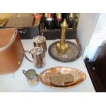A plated tea set of tray and other silver plated and brass