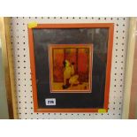 A framed Japanese figure, painted on material, poss Rice paper,