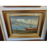 A gilt framed oil, Fishing boat scene,