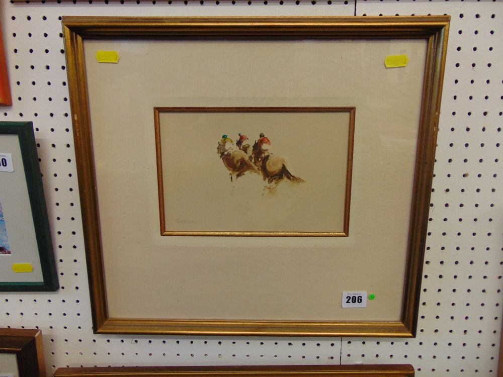 A gilt framed watercolour, 'The leading three' Horse racing, c1985, 39 x 43cm,