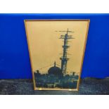 A framed ink picture of construction of Post Office tower, signed by Actor David Hemmings,