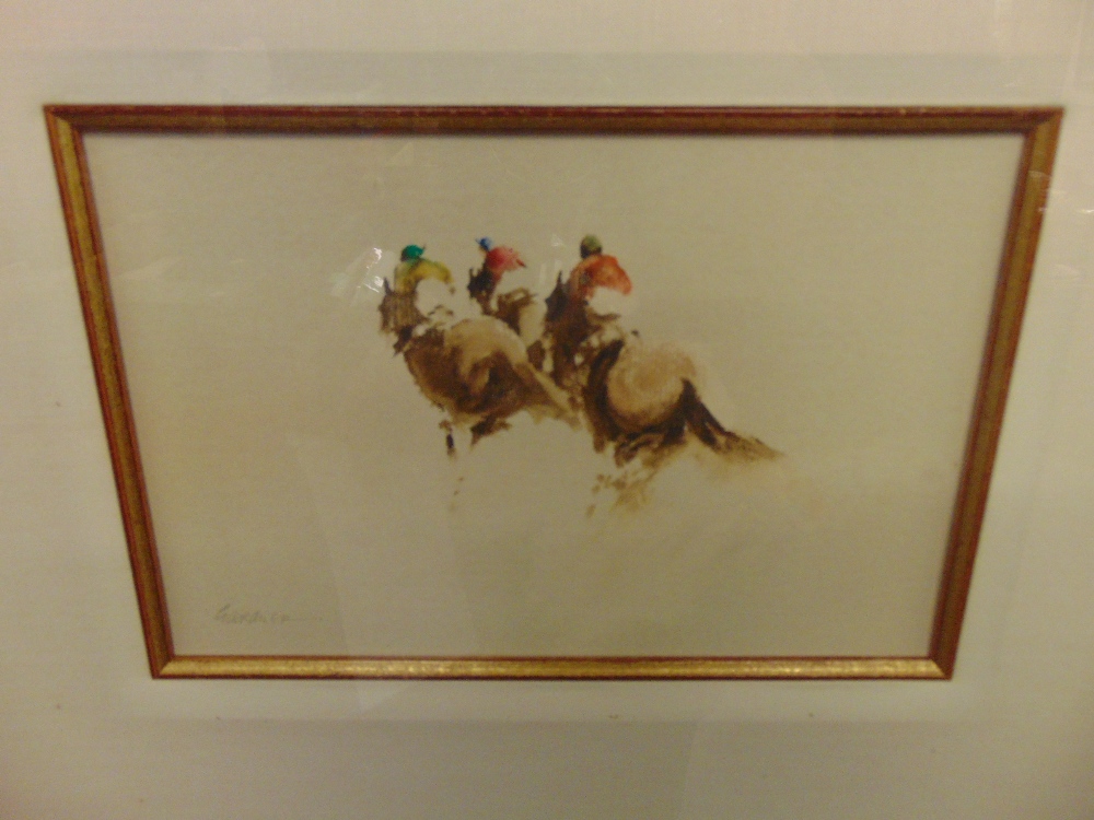 A gilt framed watercolour, 'The leading three' Horse racing, c1985, 39 x 43cm, - Image 2 of 3