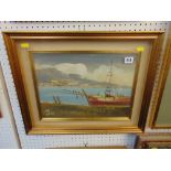 A gilt framed oil, Fishing boat scene,