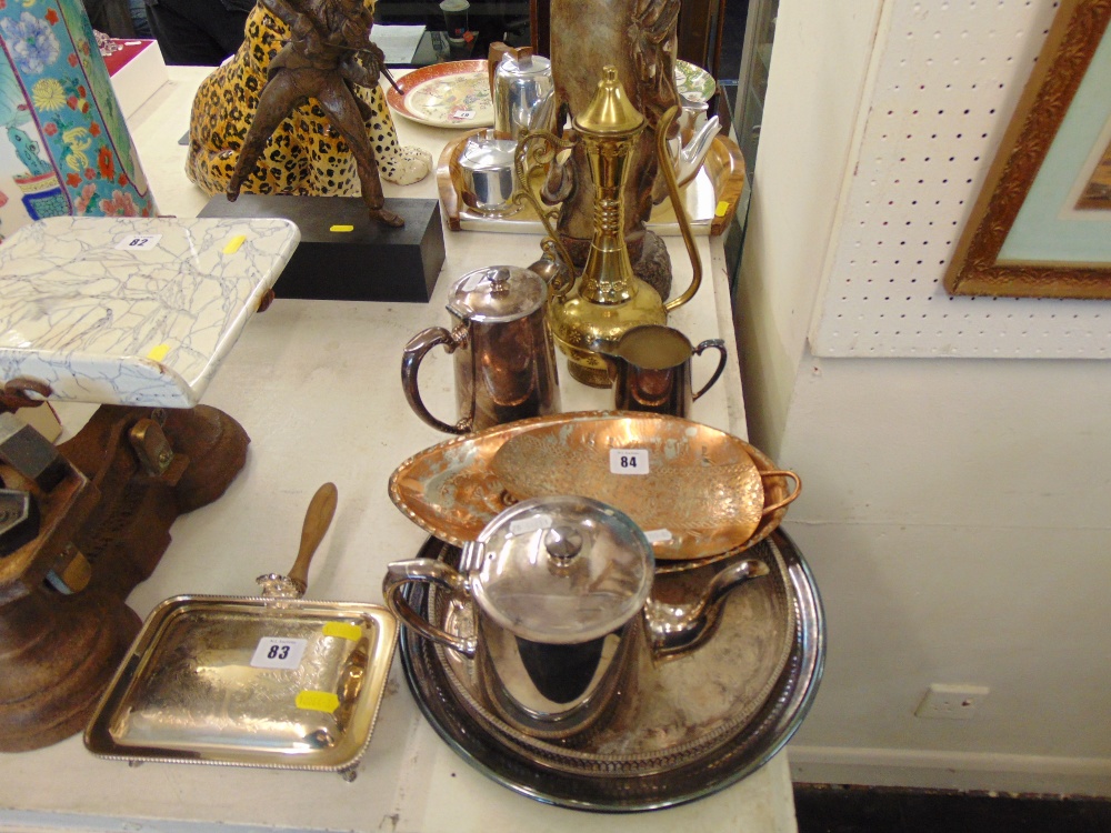 A plated tea set of tray and other silver plated and brass