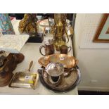 A plated tea set of tray and other silver plated and brass