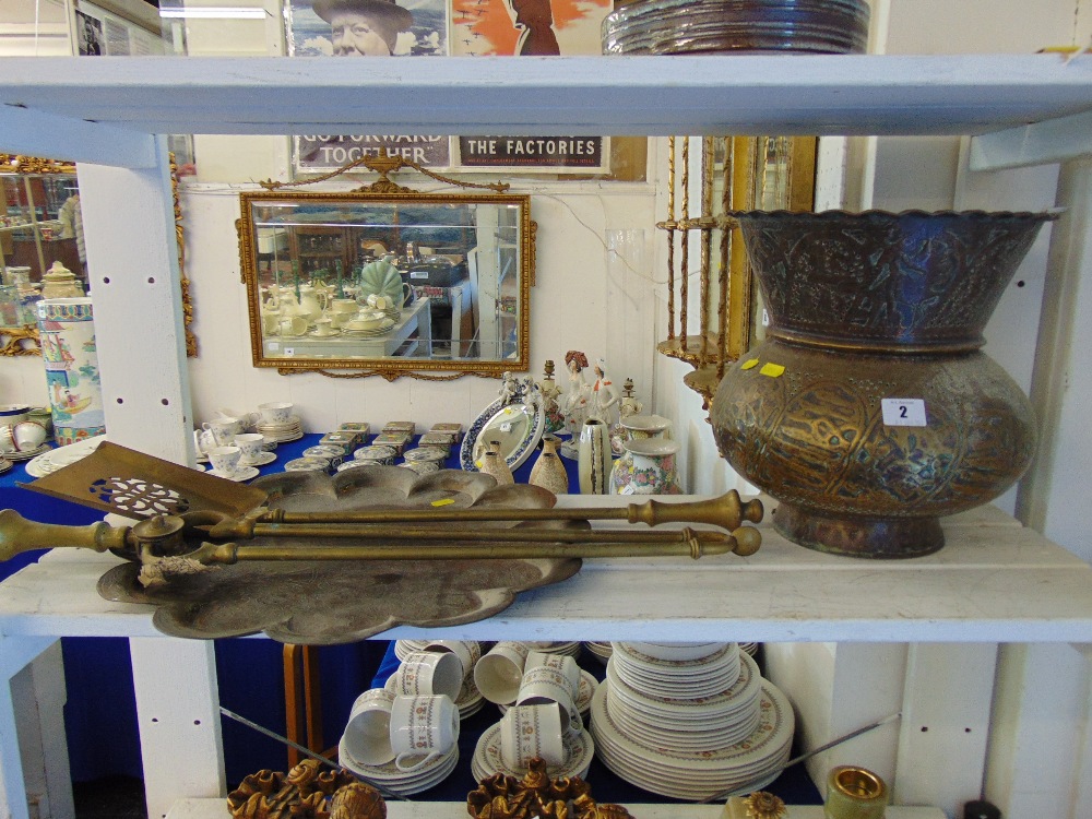 A brass jardiniere, tray etc.