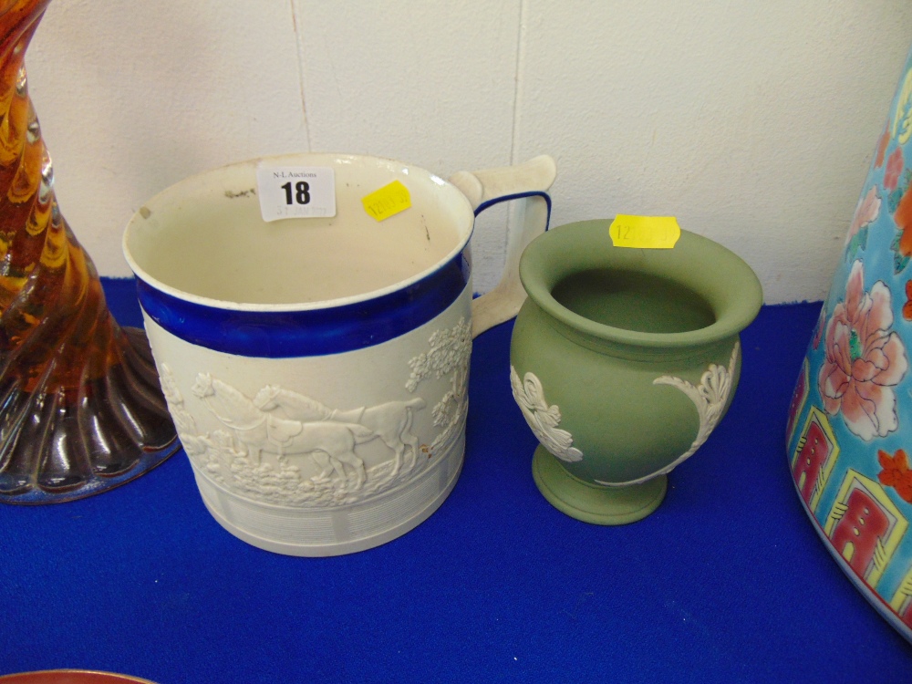 A large hunting mug and a Green Wedgewood vase