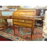 A late 19th century French cylinder roll top bureau, inlaid with Rosewood, Satinwood, Boxwood,