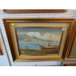 A gilt framed oil, Fishing boat scene,
