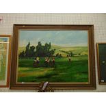 A large framed oil on board, Race horse scene,