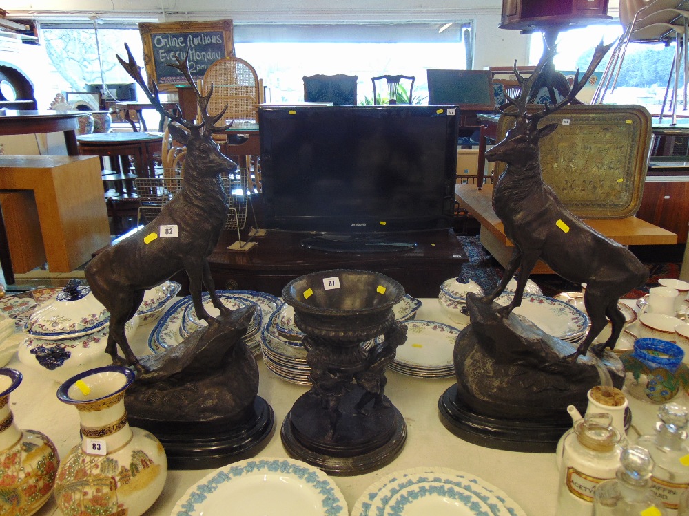 A pair of bronze Stags on bases