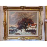 A gilt framed oil on board, winter scene,