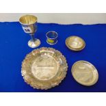 A hallmarked Silver Kiddush cup plus coaster, napkin ring etc.