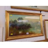 Framed oil lake scene