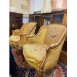 A pair of upholstered Salon chairs with tapestry