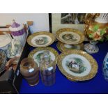 A qty of early desert plates and two pieces of glassware