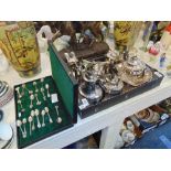 Approximately fourteen pieces of assorted silver plate; teapots, coffee pot, toast rack, etc.