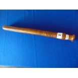 Victorian truncheon in elm, carved in minimalist fashion '(Crown) / VR (letters joined)',