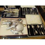 A boxed set of hallmarked silver spoons (one box) and a qty of silver plated cutlery; tongs,