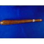 Victorian truncheon in elm, carved in minimalist fashion '(Crown) / VR (letters joined)',