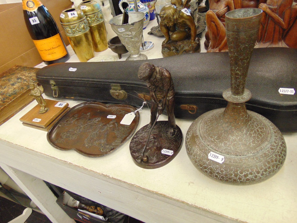 A Bronze Golfer, copper vase,