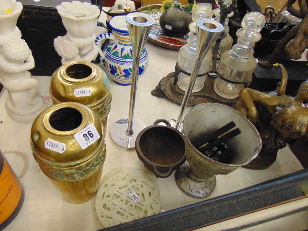 A pair of brass vases, candlesticks metalware etc.