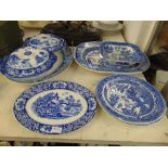 A qty of blue and white plates, lidded dish's platter, Willow Pattern,