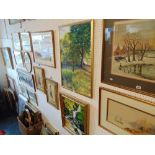 A gilt framed oil on board 'Waterfall' signed Majella Keating and a watercolour country scene by