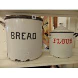 An enamel bread bin and a flour bin
