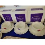 Three cup and saucer sets boxed; Helensburgh, x2 pink x1 green, good condition,