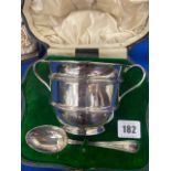 A hallmarked Silver Christening set, engraved, by Mappin and Webb, boxed, 1910/11, George VI,