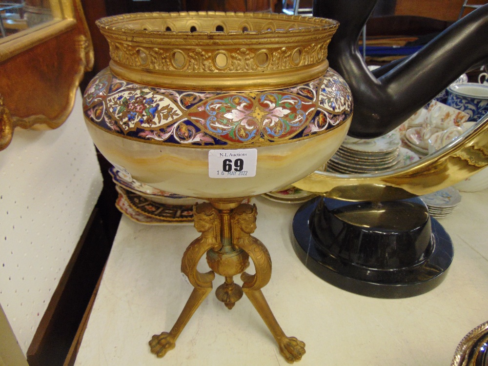 An enamel/ marble bowl/ tripod base