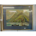 A framed watercolour, mountain/ lake scene,