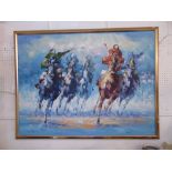 A large oil on canvas, Horse racing scene, by Anthony Vecchio, 1940's,