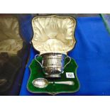 A hallmarked Silver Christening set, engraved, by Mappin and Webb, boxed, 1910/11, George VI,