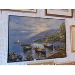 An unframed oil on canvas fishing scene