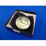 An Aquascutum silver plated jewellery round box for Cunard cruise,