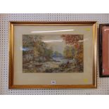 A gilt framed watercolour, fishing scene,