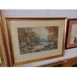 A gilt framed watercolour, fishing scene,