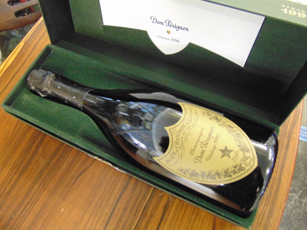 A boxed bottle of Dom Perignon 1996