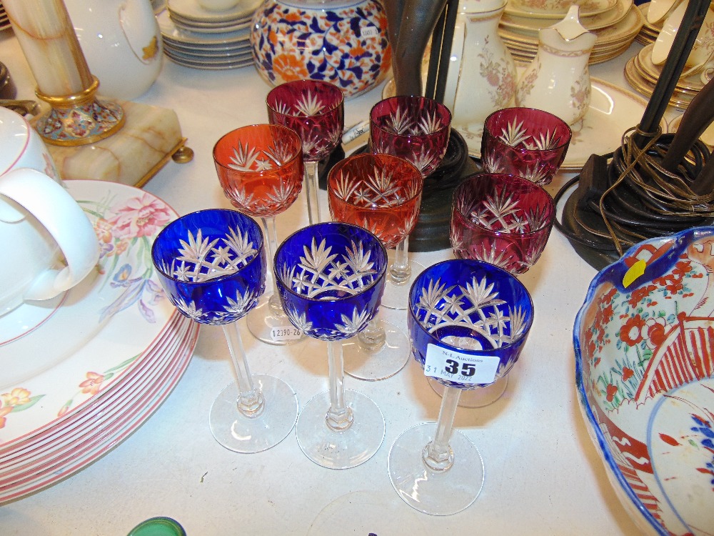 9 Bohemian overlay coloured wine glasses