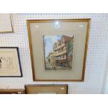 A framed watercolour, street scene,