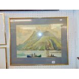 A framed watercolour, mountain/ lake scene,