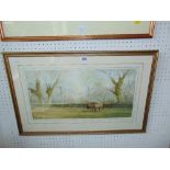 A framed watercolour country scene/ horses,