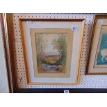 A framed watercolour woodland scene