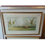 A framed watercolour country scene/ horses,