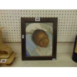 A framed canvas of a sleeping baby, 'Yaspy' by David Tindle, signed at back,